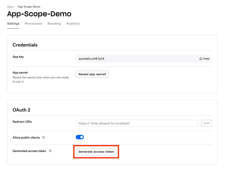 Generate button in OAuth 2 section of app settings