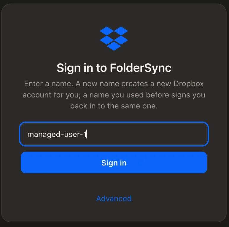 The FolderSync sign-in screen with the name managed-user-1