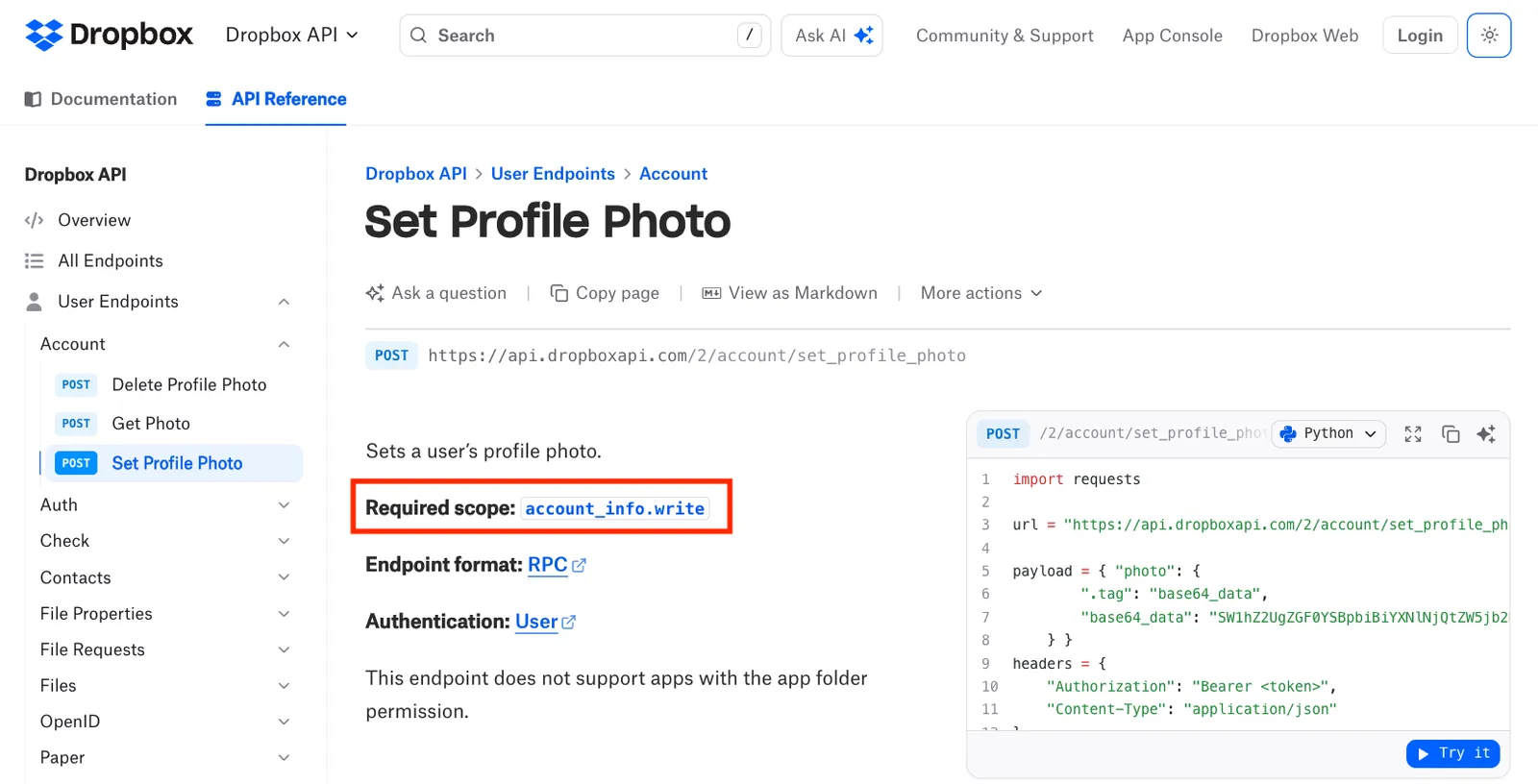 Required scope field of an endpoint of the Dropbox API