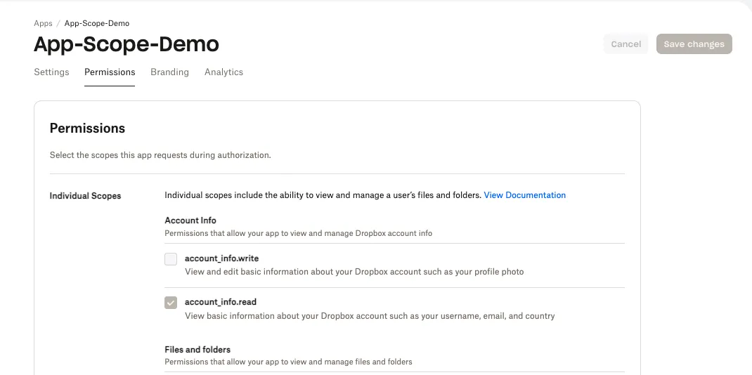Permissions tab in app settings for a Dropbox app