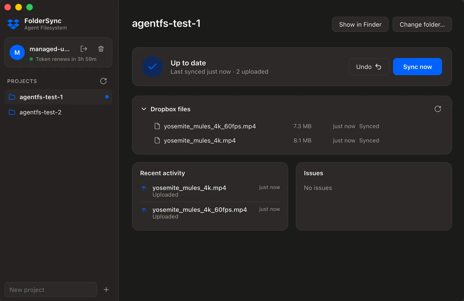 A synced project in FolderSync: up to date after two uploads, with Undo and Sync now