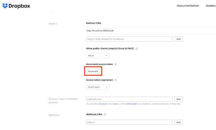 Generate button in OAuth 2 section of app settings
