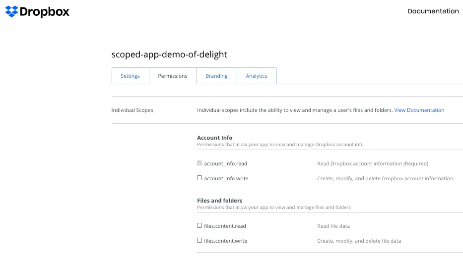 Permissions tab in app settings for a Dropbox app