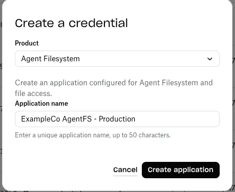 Create a credential dialog with Agent Filesystem selected and a unique application name