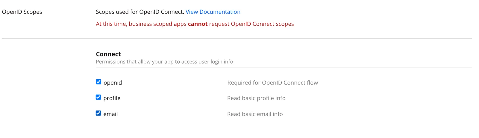Screenshot of the available OpenID Connect scopes in the Permissions tab in the app settings for a Dropbox app