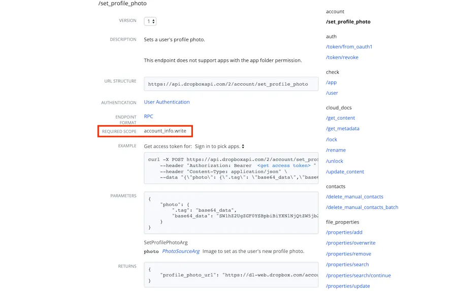Required scope field of an endpoint of the Dropbox API